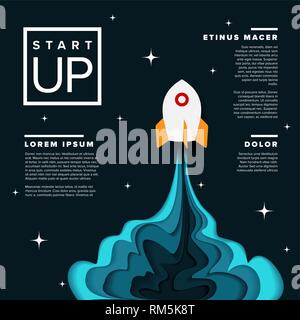 Paper cut startup infographic poster template with space rocket - dark version Stock Vector
