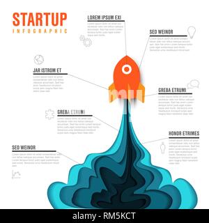 Paper cut startup infographic template with space rocket - light version Stock Vector