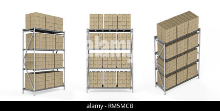 3d rendering warehouse rack with cardboard boxes isolated on white ...