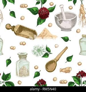 Colorful Seamless pattern hand drawn of ginseng roots, lives and flowers Retro vintage graphic design Botanical sketch drawing engraving style Stock Vector