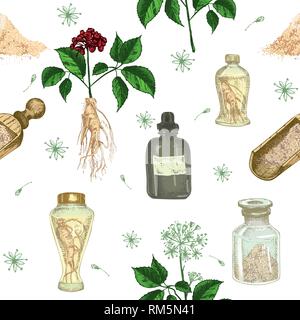 Colorful Seamless pattern hand drawn of ginseng roots, lives and flowers Retro vintage graphic design Botanical sketch drawing engraving style Stock Vector