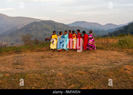 women performing Dhimsa folk dance, Andhra Pradesh, India, Asia Stock Photo