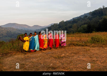 women performing Dhimsa folk dance, Andhra Pradesh, India, Asia Stock Photo