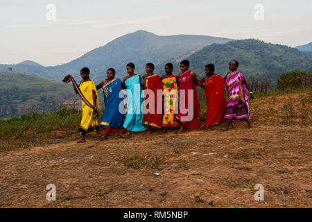 women performing Dhimsa folk dance, Andhra Pradesh, India, Asia Stock Photo