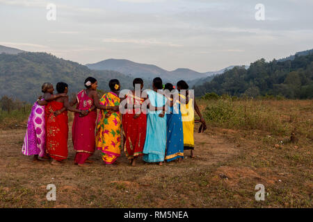 women performing Dhimsa folk dance, Andhra Pradesh, India, Asia Stock Photo