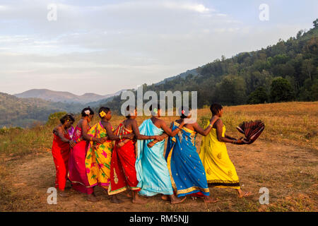 women performing Dhimsa folk dance, Andhra Pradesh, India, Asia Stock Photo