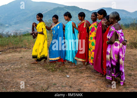 women performing Dhimsa folk dance, Andhra Pradesh, India, Asia Stock Photo