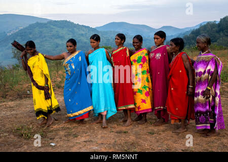 women performing Dhimsa folk dance, Andhra Pradesh, India, Asia Stock Photo