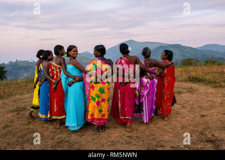 women performing Dhimsa folk dance, Andhra Pradesh, India, Asia Stock Photo