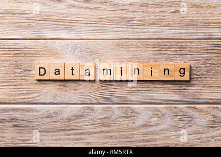 Data mining word written on wood block. Data mining text on wooden table for your desing, concept. Stock Photo