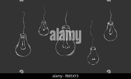 Drawn light bulbs in a minimalist style in the form of wires on a gray background for interior, design, advertising, ideas, icons. Stock Vector