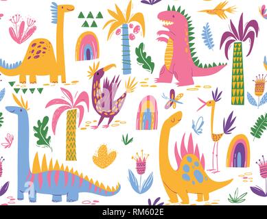 Cool Cute colorful  seamless pattern with dinosaurs  Stock Vector