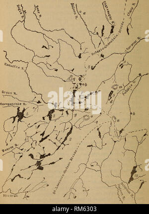 . Annual report of the Regents. New York State Museum; Science. 386 NEW YORK STATE MUSEUM. Map 1 Drainage map of the Saranac region LaTces: IRaquette; 2 Long; 3 Tupper ; 4 Ne-ha-sa-ne; 5 Cranberry; 6 Upper Saranac ; 7 St Regis; 8 Rain, ''To^L^.'ti^aJoneT^Taranac Junction; c Saranac Lake; d Lake Placid : e Saranac Inn ; /Tupper Lake ^ ^untkinfrm^^?It^ce; n Marcy (Tahawus); o Seward; p Boot Bay ; a St Regis. Please note that these images are extracted from scanned page images that may have been digitally enhanced for readability - coloration and appearance of these illustrations may not perfectl Stock Photo