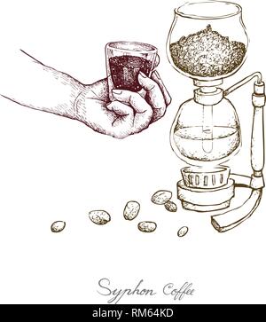 Illustration Hand Drawn Sketch of Vacuum Coffee Maker or Syphon Coffeemaker Isolated on White Background. An Appliance Used to Brew Coffee. Stock Vector