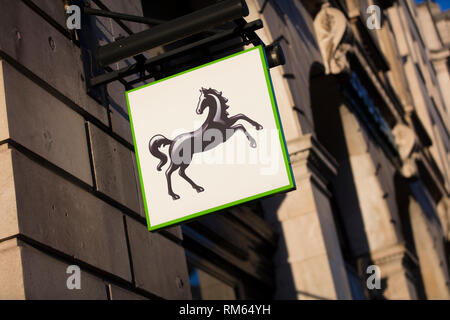 London, Greater London, United Kingdom, 7th February 2018, A sign and logo for Lloyds Bank branch in central london Stock Photo