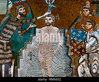 Italy, Sicily, Palermo. Palace of the Normans. Palatine Chapel. Royal chapel of the Norman Kings of Sicily. Mosaic depicting the Baptism of Jesus, 1140. Arab-Norman-Byzantine style. Stock Photo