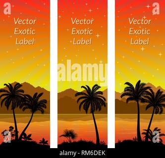 Labels with Tropical Landscape, Palms Trees and Exotic Plants Black Silhouettes on Background with Morning Sea, Mountains and Birds Gulls. Vector Stock Vector