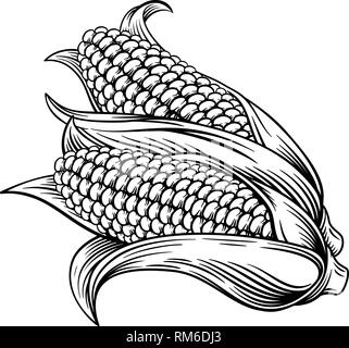 Sweet Corn Ear Maize Woodcut Etching Illustration Stock Vector