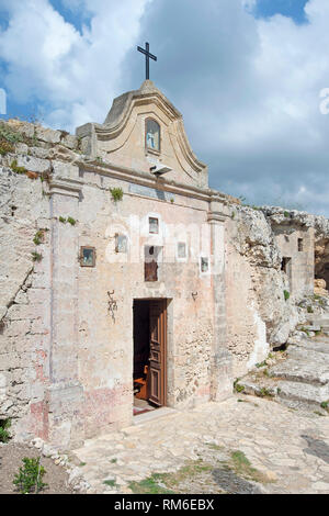 The early Christian Chiesa Rupestre, Regina delle Vergini Church, rock church in Matera, Basilicata, southern Italy, European City of Culture 2019 Stock Photo