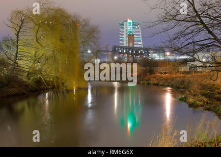 A 4 Minute exposure of reflections in the River Aire of Bridgewater Place  in Leeds City Centre.