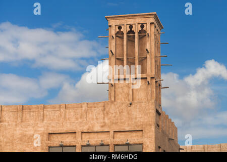 Traditional Wind Tower in Al Bastakiya historical district, Dubai, United Arab Emirates. Stock Photo