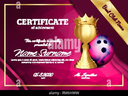 Bowling Certificate Diploma With Golden Cup Vector. Sport Graduation. Elegant Document. Luxury Paper. A4 Horizontal. Championship Illustration Stock Vector