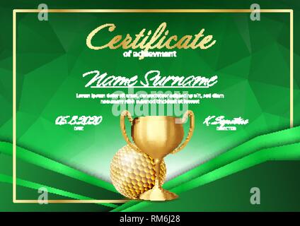 Golf Game Certificate Diploma With Golden Cup Vector. Sport Graduate Champion. Best Prize. Winner Trophy. A4 Horizontal. Illustration Stock Vector