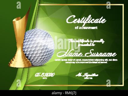Golf Certificate Diploma With Golden Cup Vector. Sport Vintage Appreciation. Modern Gift. Print Blank. A4 Horizontal. Event Illustration Stock Vector