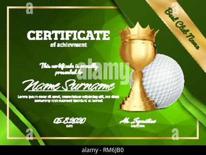 Golf Certificate Diploma With Golden Cup Vector. Sport Graduation. Elegant Document. Luxury Paper. A4 Horizontal. Championship Illustration Stock Vector