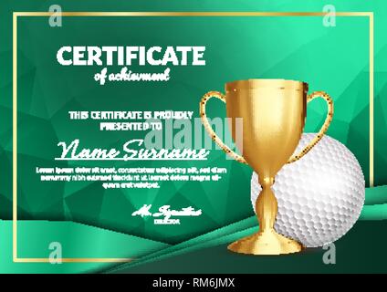 Golf Certificate Diploma With Golden Cup Vector. Sport Award Template. Achievement Design. Honor Background. A4 Horizontal. Illustration Stock Vector