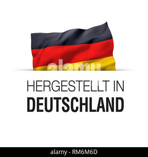 Made in Germany written in German language. Guarantee label with a waving German flag. Stock Photo