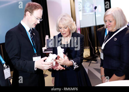 The Duchess of Cornwall looks at displays as she attends the official launch of the Royal Osteoporosis Society at the Science Museum in London. Stock Photo