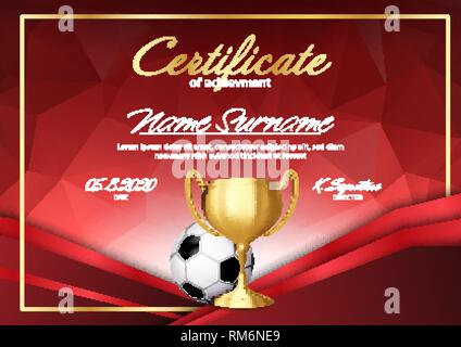 Soccer Game Certificate Diploma With Golden Cup Vector. Sport Vintage Appreciation. Modern Gift. Print Blank. A4 Horizontal. Illustration Stock Vector