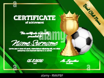 Soccer Certificate Diploma With Golden Cup Vector. Sport Graduation. Elegant Document. Luxury Paper. A4 Horizontal. Championship Illustration Stock Vector