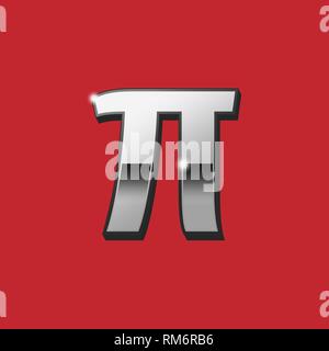 Pi greek 3D letter sign. Vector. Silver icon with black side on red background. Stock Vector