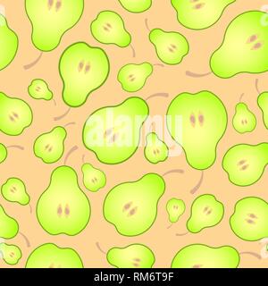 Bright seamless pattern background of halved ripe pears. Juicy fruit for juice, vitamins, mashed potatoes or baby food. Stock Vector