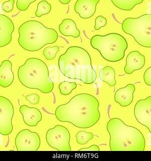 Bright seamless pattern background of halved ripe pears. Juicy fruit for juice, vitamins, mashed potatoes or baby food. Stock Vector