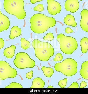 Bright seamless pattern background of halved ripe pears. Juicy fruit for juice, vitamins, mashed potatoes or baby food. Stock Vector