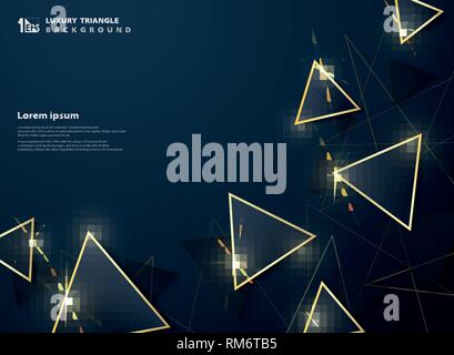 Abstract prime deluxe of dark gradient blue triangle with gold frame decoration glitters background. Modern design for ad, poster, cover design, annua Stock Vector