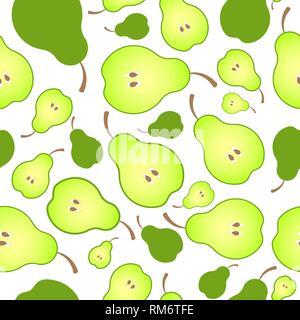 Bright seamless pattern background of halved ripe pears. Juicy fruit for juice, vitamins, mashed potatoes or baby food. Stock Vector