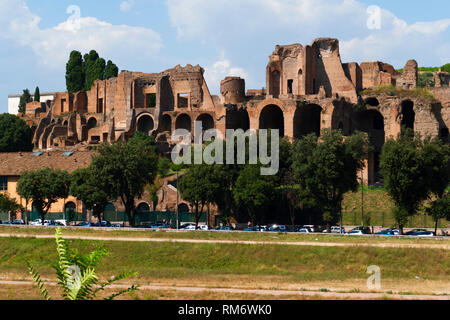 The Circus Maximus site, Circo Massimo, and the Palatine Hill with the ruins of Domus Augustana in background, Rome, Italy Stock Photo