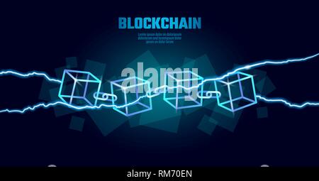 Blockchain cube chain symbol on square code big data flow information. Blue neon glowing modern trend. Cryptocurrency finance bitcoin business concept Stock Vector