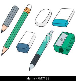 vector set of pencil, eraser and pencil sharpener Stock Vector