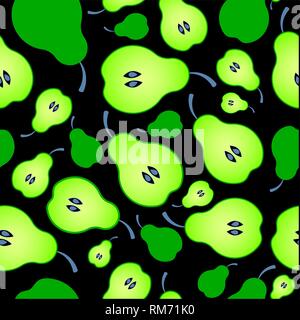 Bright seamless pattern background of halved ripe pears. Juicy fruit for juice, vitamins, mashed potatoes or baby food. Stock Vector
