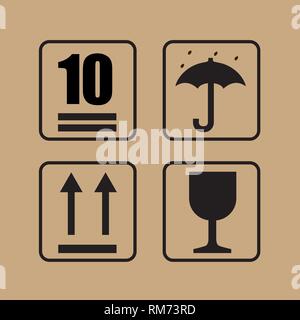 Fragile or packaging symbols. Black fragility signs on white background ...