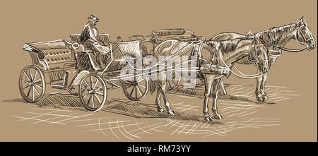 Vector hand drawing Illustration horse-drawn carriages with coachman. Monochrome vector hand drawing sketch illustration in black and white colors iso Stock Vector