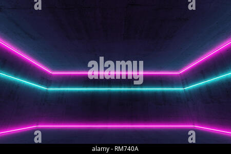 Abstract empty dark interior background with colorful neon light lines, 3d render illustration