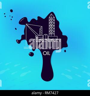 Concept of pollution of the environment, sea, ocean, fish and animals by the oil industry. A drop of petrol production in clean water. Petroleum fuel  Stock Vector