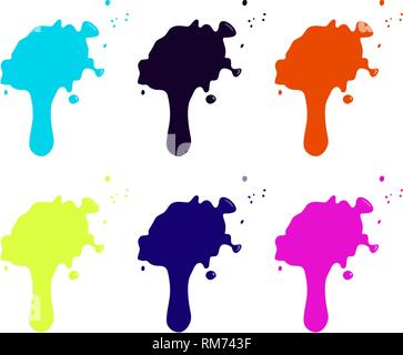Ink blue, black, yellow, red, orange, blue blot with splashes on a white background, top view. Vector illustration. Stock Vector