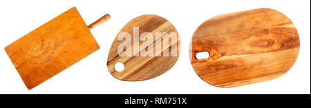 Three wooden cutting boards, isolated on a white background Stock Photo